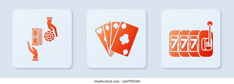 Set Playing cards, Casino chips exchange on stacks of dollars and Slot machine with lucky sevens jackpot. White square button. Vector