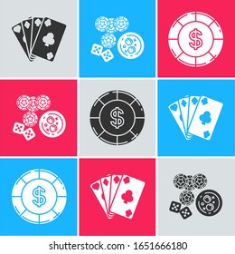 Set Playing cards, Casino chips, game dice and glass of whiskey with ice cubes and Casino chip with dollar symbol icon. Vector