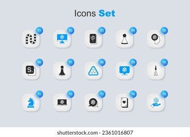 Set Playing cards, Chess pawn, Game dice, Dart arrow, Board game and Billiard balls triangle icon. Vector