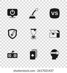Set Playing cards, Chest for game, Virtual reality glasses, Award cup, VS Versus battle, Power button, Microphone and Sword icon. Vector