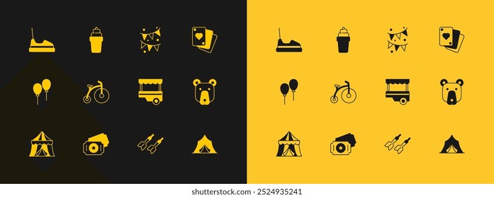 Set Playing cards, Circus ticket, Fast street food cart, Dart arrow, Vintage bicycle, Carnival garland with flags, Bumper and Ice cream waffle icon. Vector