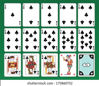 Set of playing cards of Clubs on green background. The figures are original design as well as the jolly, the ace of spades and the back card. 