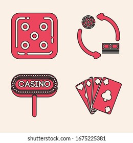 Set Playing cards, Game dice, Casino chips exchange on stacks of dollars and Casino signboard icon. Vector