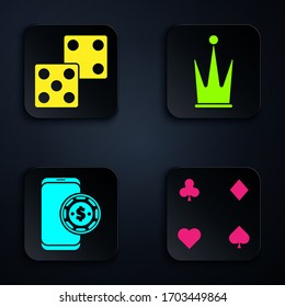 Set Playing cards, Game dice, Online poker table game and Crown. Black square button. Vector