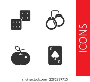 Set Playing cards, Game dice, Poison apple and Handcuffs icon. Vector