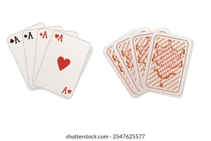 set of playing cards game fan. Ace of Spades, Hearts, Diamonds and Clubs. front view and back illustration on white background