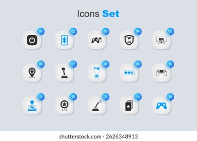 Set Playing cards, Gear shifter, Mobile gaming, Joystick for arcade machine, Game controller joystick, Power button and Award cup icon. Vector