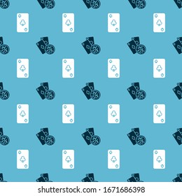 Set Playing cards and glass of whiskey with ice cubes and Playing card with clubs symbol on seamless pattern. Vector