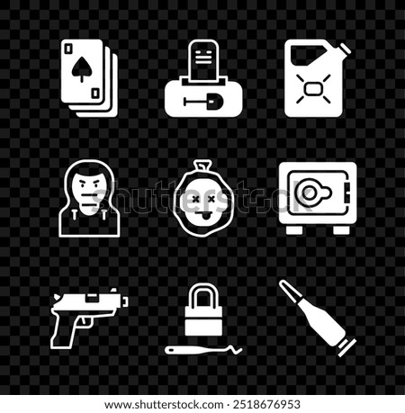 Set Playing cards, Grave with tombstone, Canister fuel, Pistol or gun, Lock picks for lock picking, Bullet, Thief mask and Murder icon. Vector