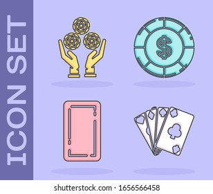 Set Playing cards, Hand holding casino chips, Playing card back and Casino chip with dollar symbol icon. Vector
