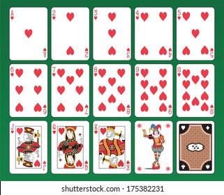 Set of playing cards of Hearts on green background. The figures are original design as well as the jolly, the ace of spades and the back card. 