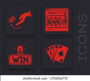 Set Playing cards, Human hand throwing game dice, Online slot machine and Casino win icon. Vector