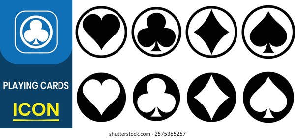 Set of Playing cards icon. Spade, diamond, heart and club card symbol and sign. Casino Poker and gambling. Indoor game sing and symbol Vector illustration.