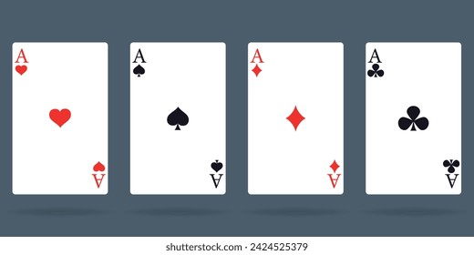 Set of playing cards isolated four poker game objects isolated on background. Hearts, spades, diamonds, clubs cards sign. Poker, gambling concept. Template for casino, web design. 
