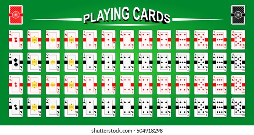 Set of playing cards. Isolated on green background. 