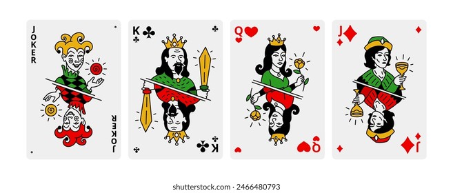 Set playing cards. Jack queen king and ace. Poker game. Vector illustration. Unique drawings.