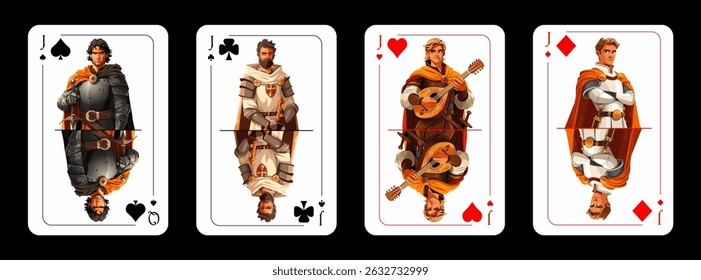 A set of playing cards jacks of different suits in an original cartoon style. Jacks of cards of different suits with images of young warriors. Vector illustration