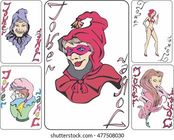 Set of playing cards with jokers as witches. Vector illustrations.