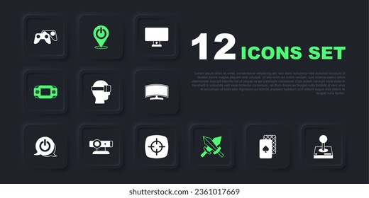 Set Playing cards, Joystick for arcade machine, Virtual reality glasses, Sword game, Portable video console, Web camera, Power button and Target sport icon. Vector