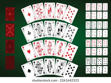 Set of playing cards in linear style. All images and costumes are fantasy, invented by the author, based on what he saw during his life.