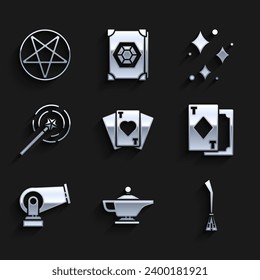 Set Playing cards, Magic lamp or Aladdin, Witches broom, Cannon, wand, Sparkle stars with magical glitter and Pentagram circle icon. Vector
