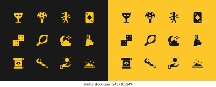 Set Playing cards, Magic staff, Moon and stars, Ball levitating above hand, mirror, Voodoo doll, Medieval goblet and Psilocybin mushroom icon. Vector