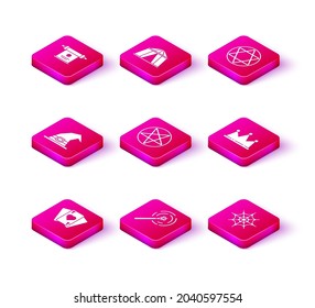 Set Playing cards, Magic wand, Witch hat, Pentagram circle, Spider web, Crown, Star of David and Circus tent icon. Vector