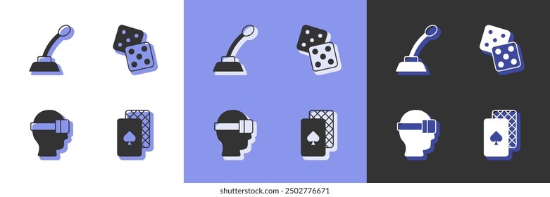 Set Playing cards, Microphone, Virtual reality glasses and Game dice icon. Vector