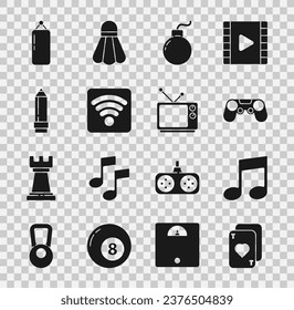 Set Playing cards, Music note, tone, Gamepad, Bomb ready explode, Wi-Fi wireless internet network, Pencil with eraser, Punching bag and Retro tv icon. Vector