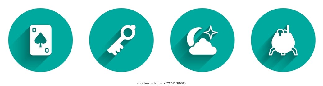 Set Playing cards, Old magic key, Moon and stars and Witch cauldron icon with long shadow. Vector