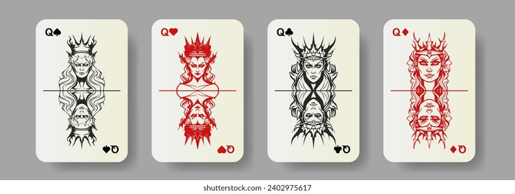 Set von Spielkarten, Queens Spades Hearts Clubs Diamonds. Porträts der bösen königlichen Dämonen. Kollektion von gruseligen königlichen Gesichtern. Schreckliche Schönheiten.