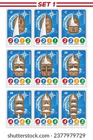 A set of playing cards with sailing ships. View from above. Isolated on white background. Vector illustration.