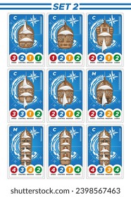 A set of playing cards with sailing ships. View from above. Isolated on white background. Vector illustration.