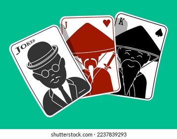 Set of playing cards with silhouettes of Asian characters. Jack, King, Joker. Gambling, betting to win in casino. Cartoon vector isolated on green background
