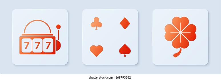 Set Playing cards, Slot machine with lucky sevens jackpot and Four leaf clover. White square button. Vector