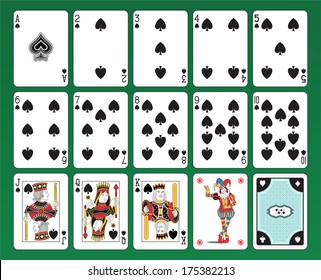 Set of playing cards of Spades on green background. The figures are original design as well as the jolly, the ace of spades and the card back. 