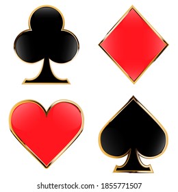 Set of playing cards suits. Four cards. Spade, heart, club, diamond with golden frame. Can be used for web, mobile, infographic, and print. Vector symbol casino. Isolated on white background.