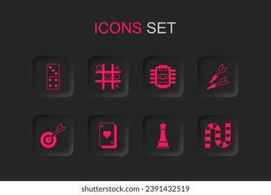Set Playing cards, Tic tac toe game, Domino, Chess, Dart arrow, Board, Table football and Classic dart board and icon. Vector