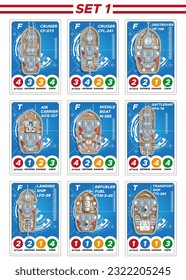 Set of playing cards with warships. View from above. Isolated on white background. Vector illustration.
