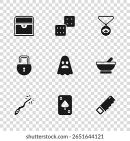 Set Playing cards, Caldeirão de bruxas, Motosserra, Fantasma, Corrente de Medalhão com olho, Baú do tesouro antigo, Dados do jogo e ícone de cadeado aberto. Vetor