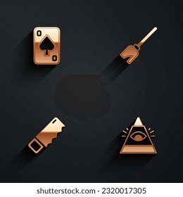 Set Playing cards, Witches broom, Hand saw and All-seeing eye of God icon with long shadow. Vector