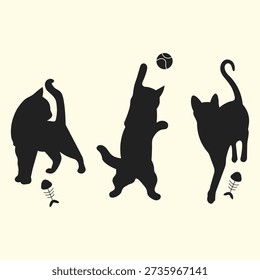 Set of Playing Cat Silhouettes Isolated on Light Background Vector Illustration