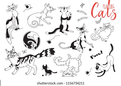 Set with playing cats of different breeds. Characters cat in the style of doodle cartoon. Vector illustration.