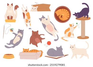 Conjunto de gatos jogando em desenho animado plano. Ilustração de vários gatos brincando e descansando em várias poses, incluindo dormir, escalar, sentar e pular . Ilustração vetorial.