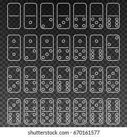 Set for playing dominoes in the style of the outline. Twenty-eight dominoes. Vector illustration.