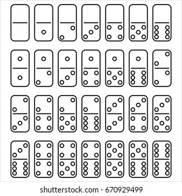 Set for playing dominoes in the style of the outline. Twenty-eight dominoes. Vector illustration.