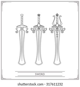 Set playing fantasy swords with rounded edges and inlaid with precious stones, in three variants of a white background.