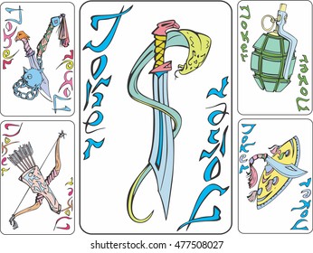 Set of playing joker cards with weapon. Vector illustrations.