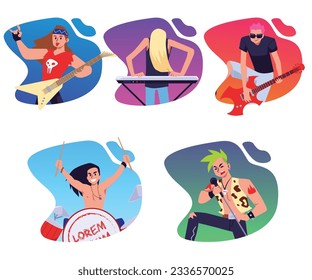 Set of playing rock musicians flat style, vector illustration isolated on white background. Vocalist, guitarist, drummer characters, stylist men. Design elements collection