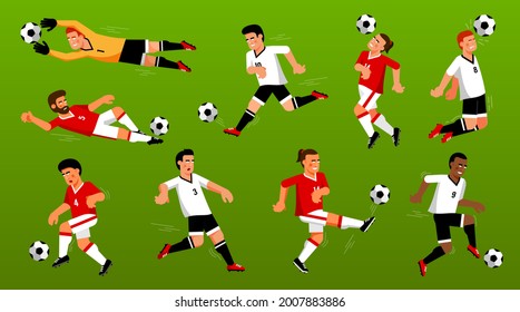 Set of playing soccer players with the ball. Cartoon football players on the field. Vector illustration.